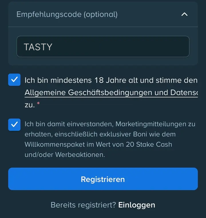 Registrierung bei Stake.eu: der Empfehlungscode TASTY im Feld und die beiden gesetzten Haken für das Willkommenspaket